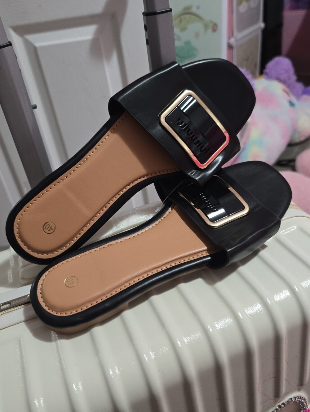 Black Slide Sandals with Gold Buckle - Women